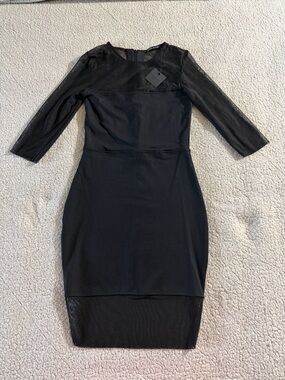 Donna Mizani Black Mesh-Yoke Midi Dress with Three-Quarter Sleeves Small New
